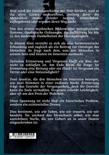 Ein tiefgründiger Text über Erinnerung und Vergessen, die Geistesgeschichte und das menschliche Sein auf dunklem Hintergrund.