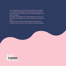 Text über Gedichte und Engel zur Weihnachtsvorbereitung. Oben dunkelblau, unten rosa geschwungene Trennung.