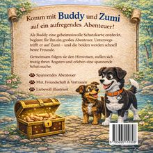 Komm mit Buddy und Zumi auf ein Abenteuer. Zwei fröhliche Hunde, goldene Schatztruhe, Wald und Flussumgebung.
