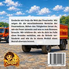Text über Sveja und Feuerwehrwissen, im Hintergrund ein Feuerwehrwagen. Logo zeigt ein Mädchen mit einem Bären.