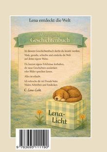 Text: "Lena entdeckt die Welt. Mein eigenes Geschichtenbuch." Illustration: Schlafender Hund auf einem karierten Würfel. Blumen.