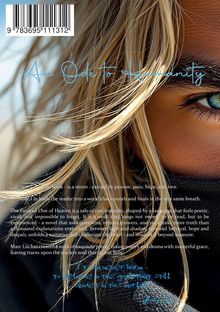 Text: "An Ode to Humanity". Nahaufnahme eines blauen Auges, blondes Haar weht im Wind.