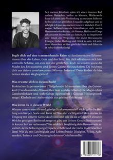 Texte sprechen über Selbstheilung, Bewusstsein und geistige Kraft. Oben links ist ein Schwarz-Weiß-Foto. Der Hintergrund ist dunkel und mystisch.