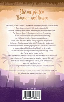 "Stürme prüfen Träume – und Herzen" steht oben, darunter eine Geschichte über Pia, ihre Abenteuer und Romantik in Los Angeles. Darunter ein Preis und Barcode. Im unteren Bereich eine violette Skyline mit Palmen.