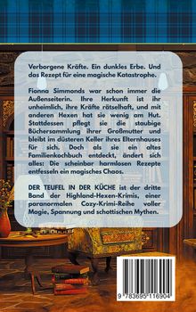 Text beschreibt Fionna Simmonds' magische Entdeckungen und Chaos in einem paranormale Krimi. Hintergrund: Bücherregal.