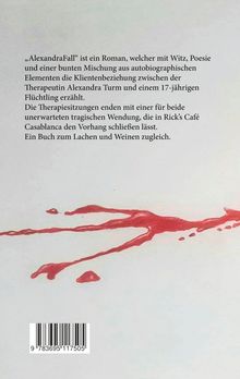 Text beschreibt Roman "AlexandraFall", eine dunkle Geschichte über Therapie und Tragik. Rote Farbspritzer auf hellem Grund.