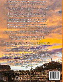 Texte über Literaturkritik und Gedichte, Zitat-Stil. Unten eine Stadtansicht bei Sonnenuntergang.