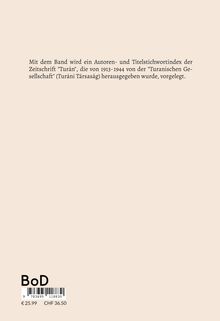 Text zu einem Autoren- und Titelstichwortindex der Zeitschrift "Turán". Unten links: BoD-Logo, Barcode, Preise.