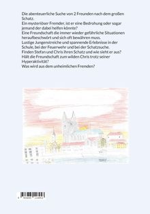 Text: Die abenteuerliche Suche von zwei Freunden nach dem Schatz. Illustration: Stadtansicht mit Fluss und Kirche.