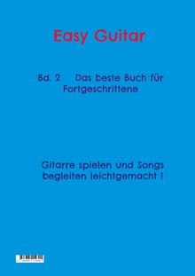 "Easy Guitar, Bd. 2 - Das beste Buch für Fortgeschrittene. Gitarre spielen und Songs begleiten leichtgemacht!" auf blauem Hintergrund.