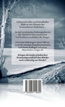 Ein Text beschreibt ein mysteriöses Verbrechen im verschneiten Rottersgraben. Im Hintergrund ist eine winterliche Landschaft.