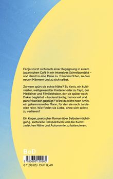 Text über eine Reise zu fremden Orten und drei Männern. Blau-gelber Hintergrund, BoD-Logo, Preisangabe.