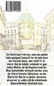 Text über die Rolle und Verantwortung eines Literaten. Im Hintergrund eine Illustration einer urbanen Straßenszene.