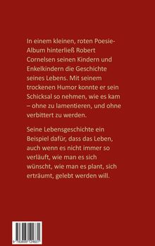 Ein roter Hintergrund mit einem Text über Robert Cornelsen, der seine Lebensgeschichte in einem Poesie-Album hinterließ.