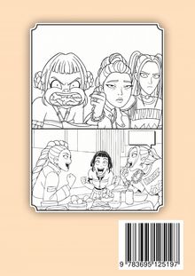 Illustration: Oben drei genervte Mädchen, unten eine fröhliche Szene mit drei Mädchen am Tisch, Barcode rechts unten.