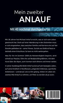 Buchtitel: "Mein zweiter Anlauf - Mit 40 nochmal durchgestartet." Text über persönliche Fitnessreise und Autobiografie.