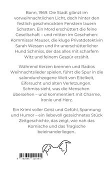 Text beschreibt einen Krimi in Bonn 1969: Mord, Detektivin, Hund, Humor. Zeichnung unten zeigt Hundeohr-Silhouette.