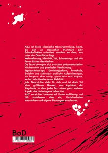 Ein Text beschreibt "AtoZ" als keine klassische Horrorsammlung. Der Hintergrund ist rot mit schwarzen und weißen Spritzern.