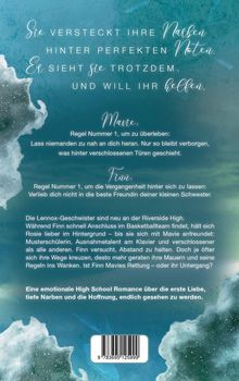 Text: "Sie versteckt ihre Narben hinter perfekten Noten..." Hintergrund: Blaugrüner Verlauf mit wolkenartigen Mustern.