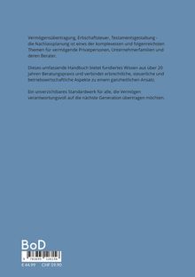 Text über Vermögensübertragung und Nachlassplanung, Handbuch mit 20 Jahren Erfahrung, Standardwerk für verantwortungsvolle Übertragungen. Unten links steht "BoD" mit einem Barcode und Preisen in Euro und CHF. 