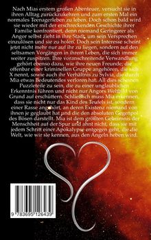 Text beschreibt Mias Abenteuer, Konflikte und Geheimnisse. Hintergrund mit gelb-rotem Weltraumdesign und einem Herzsymbol.