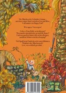 Ein Buchrücken mit Text über Grimm-Märchen. Illustrationen: Kind mit Spielzeug, ein Brunnen, ein Schaf und bunte Pflanzen.