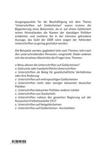 Text über das Thema "Unterschriften auf Geldscheinen", mit Gliederung in verschiedene Fragen und Themenpunkte.