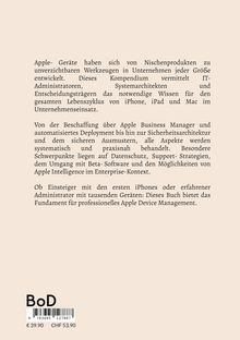 Text beschreibt ein Buch über Apple-Geräte im Unternehmen, Management-Tools und -Strategien. Unten Preisangaben und Barcode.