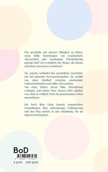 Text über Beziehungen und Liebe, persönliche Geschichte der Autorin. Preis: € 12,99. Helle Kreise als Hintergrund.
