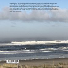 Text beschreibt eine Auswahl von Gedichten und Fotos des Autors. Küstenlandschaft mit Wellen und Strand mit Möwen im Vordergrund.