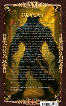 "Wolfsblut" steht oben in gotischer Schrift. Darunter eine detaillierte Beschreibung der Geschichte. Ein Wolf ist schemenhaft zu erkennen, umgeben von einer goldenen Aura in einem Wald. Das Design wirkt mystisch mit einem kunstvoll verzierten Rahmen.