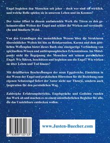 Text über Engel, ihre Rolle und spirituelles Wissen. Hintergrund: Sternenhimmel. Unten: Website www.Justen-Buecher.com.