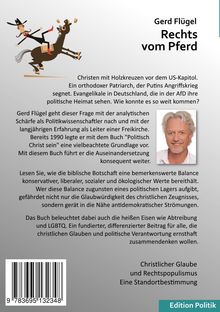 Titel: "Rechts vom Pferd" von Gerd Flügel. Eine humorvolle Illustration zeigt eine Figur auf einem Pferd. Foto eines Mannes. Edition Politik.