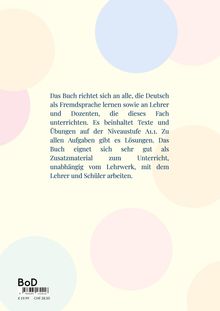 Text erklärt, dass das Buch für Deutschlerner und Lehrer geeignet ist, enthält Lösungen und Übungen für Niveau A1.1. Dezentes Design mit großen, pastellfarbenen Kreisen.