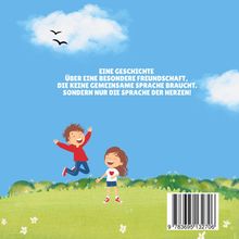 Text über Freundschaft ohne gemeinsame Sprache. Illustration: Ein Junge und ein Mädchen springen fröhlich auf einer Wiese.
