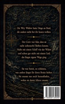 Auf dunklem Hintergrund steht goldener Text über die Wry Widow und ihre Crew, umgeben von Kartenmotiv und Kompass.