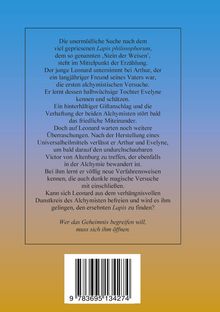 Ein Text über die Suche nach dem Lapis philosophorum und Leonard, der alchymistische Abenteuer erlebt. Farbbalken unten.