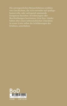 Text über unvergessliche Reiseerlebnisse, die humorvoll oder spannend sind. Unten ist ein BoD-Logo und ein Barcode.