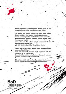 Beschreibung über Hitomis Abenteuer in einem Buch, BoD-Logo unten, schwarzer und roter Farbklecks. Preisangabe.