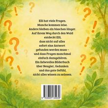 Text in der Mitte, umgeben von bunten Frage- und Ausrufezeichen auf einem Hintergrund aus blättrigen Mustern. Ein Barcode unten.