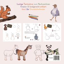 "Lustige Tiermotive zum Nachzeichnen, kreativ & kindgerecht erklärt, ideal für Grundschulkinder." warm gestaltete Illustrationen.