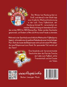 Ein Text beschreibt ein weihnachtliches Fußball-Event in Hamburg und eine Detektivgeschichte. Oben ist ein Logo mit fröhlichen Figuren.
