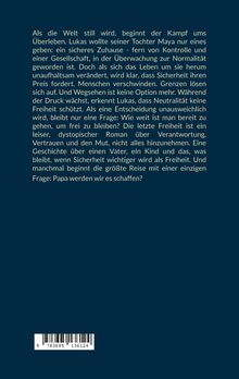 Ein Text beschreibt einen dystopischen Roman über Verantwortung und Freiheit, konzentriert auf einen Vater und sein Kind. Unten ist ein Barcode.