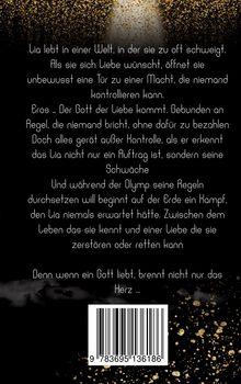 Text über Lia, die eine Welt erlebt, in der sie oft schweigt, und über Eros, den Gott der Liebe. Goldene Punkte verzieren den Hintergrund.