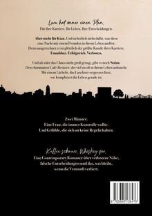 Text über Lara und ihr geordnetes Leben, das durch Kian und Nolan durcheinander gerät. Unten Skyline-Silhouette.