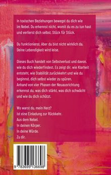 Text auf rotem Hintergrund, spricht über toxische Beziehungen, Selbstverlust und Rückkehr zu sich selbst. Bunter Hintergrund.