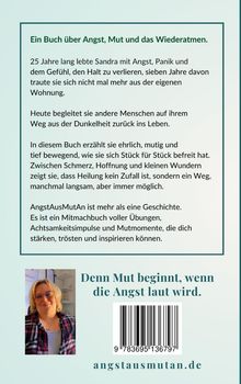 Ein Buch über Angst, Mut und das Wiederatmen. Bild einer Frau unten, Webseite: angstausmutan.de, Barcode vorhanden.