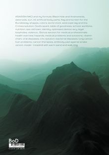 Text über diverse Themen wie Asteroiden, Gesundheit und Demokratie. Im Hintergrund grüne, neblige Berglandschaft.