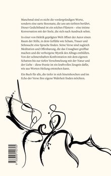Ein poetischer Text über Resonanz und Heilung, begleitet von einer schwarzen, schwungvollen Illustration unten links.