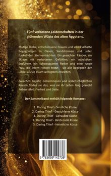 Fünf verbotene Leidenschaften in der Wüste Ägyptens. Titel: "Daring Thief". Hintergründe mit goldenen Verzierungen.